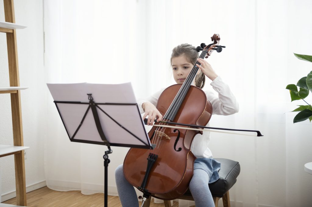 child, playing, cello, music, instrument